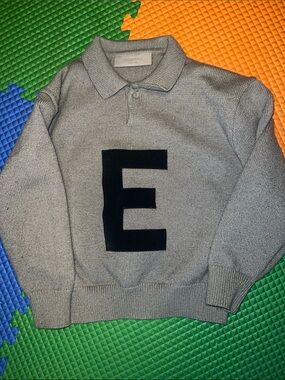 Essentials Gray Crewneck Polo Sweater with Black 'E' Appliqué